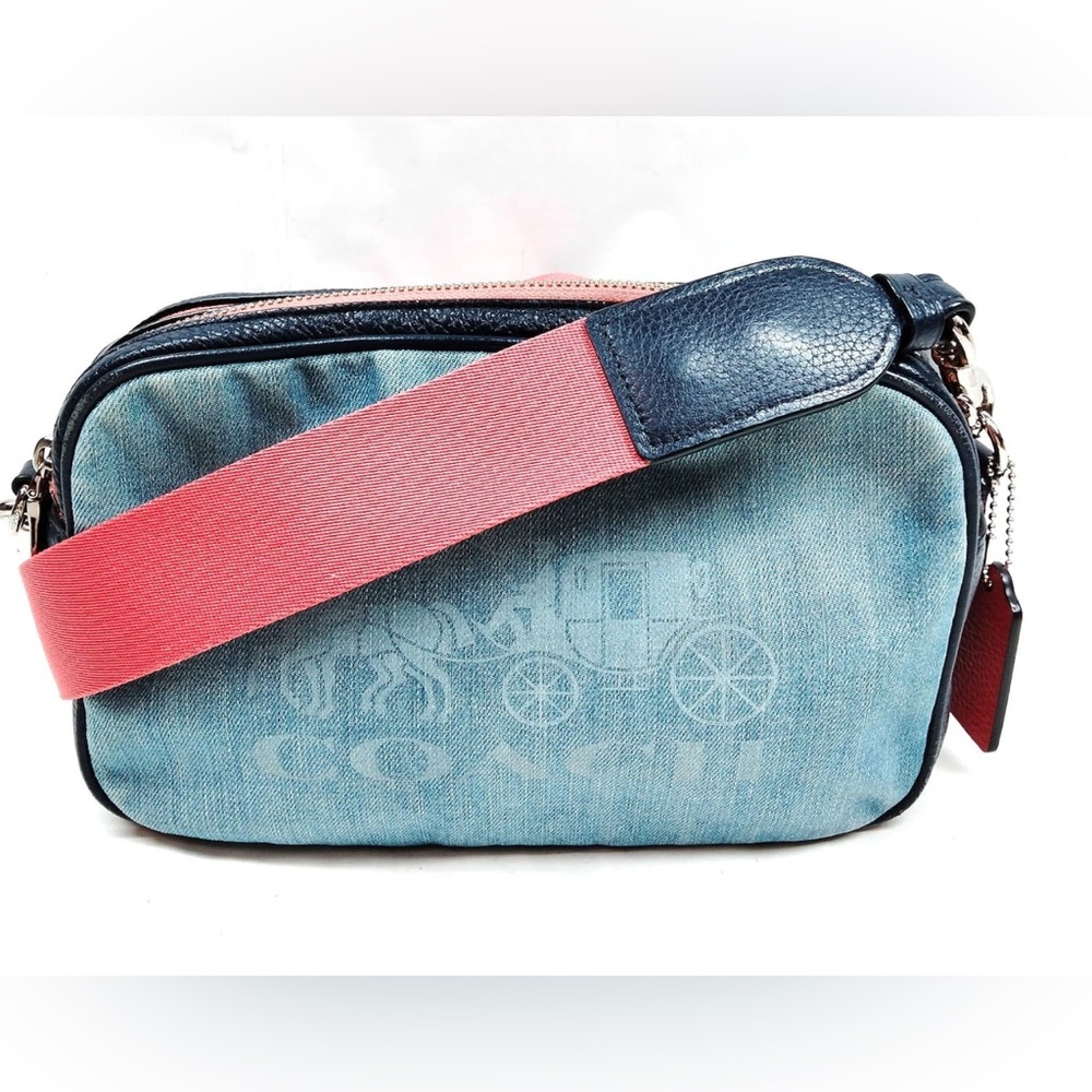 Authentic Coach Blue Denim crossbody Bag with Coral Strap - Picture 4 of 17